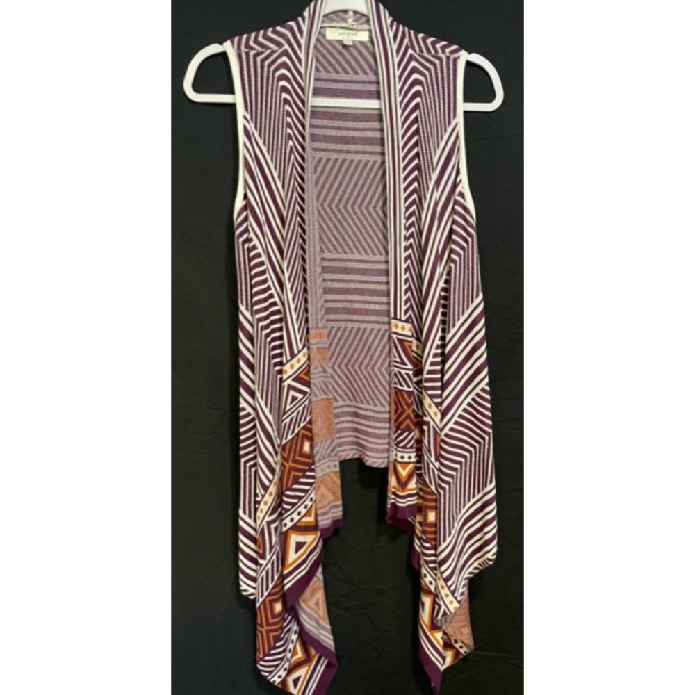 Umgee S/M Purple White Orange Striped Aztec Sleeveless Open Front Cardigan